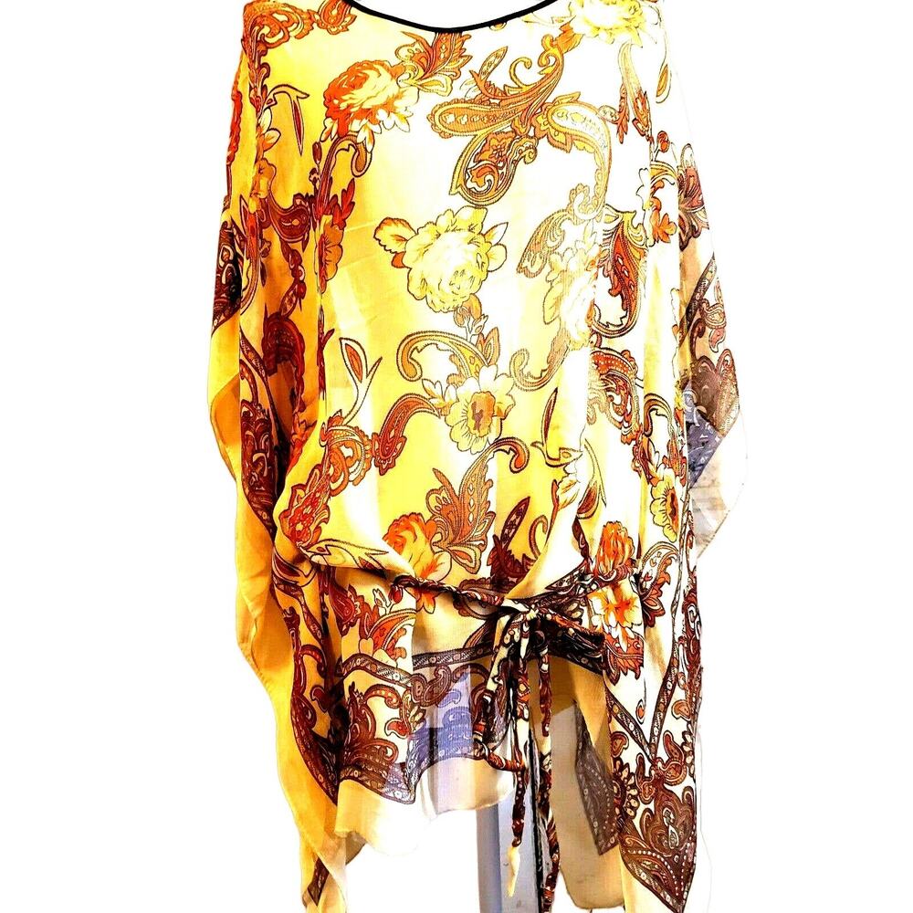 iB Diffusion Sheer Tunic Top Size S Earth Tone Belted Kerchief Sleeve Swim Cover